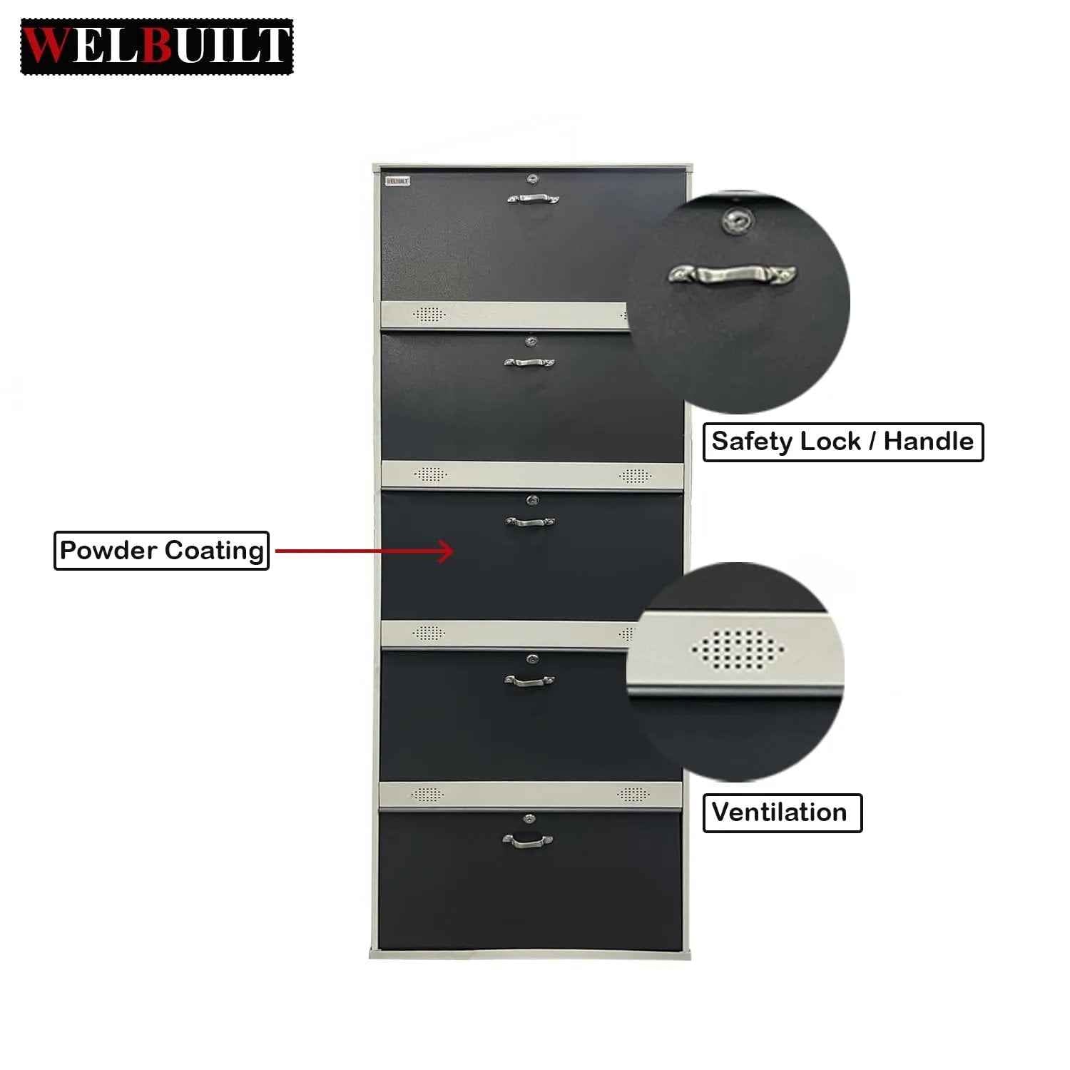 26" Wall Mounted Shoe Rack - Double Decker Metal Organizer with 5 Doors for 30 Pairs Footwear - Shoe Chappal Stand with Lock in White Grey