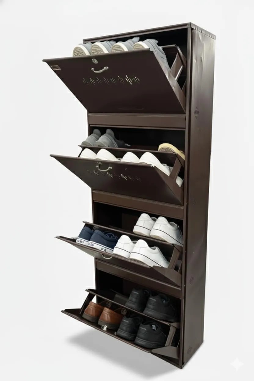 Metal shoe rack 28 pairs capacity | H-69'' W-29'' D-9.5'' |Wall mounted powder coated 4 Door 8 shelves Double decker (Full Brown)
