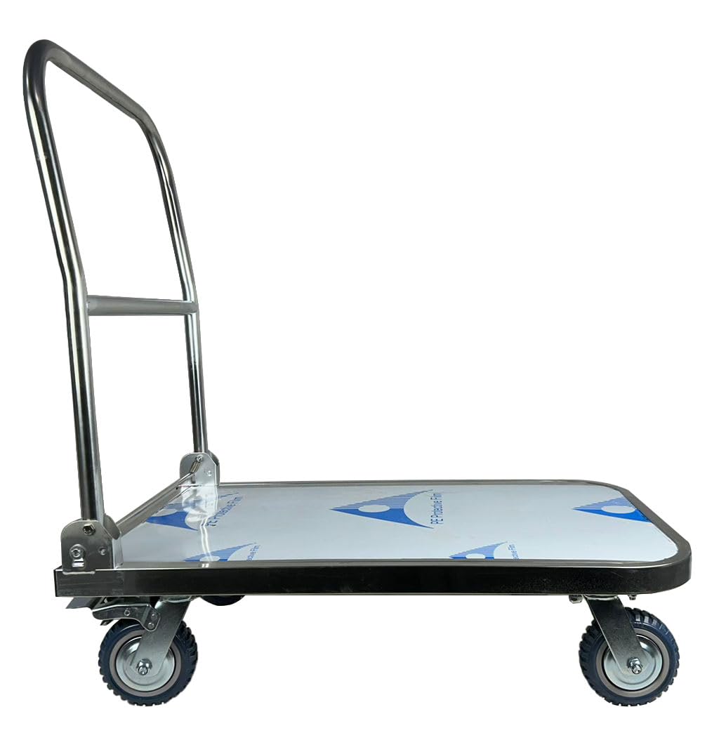 Welbuilt 500 Kg Capacity Two Brake Wheel Foldable Portable Stainless Steel Platform Trolley Push Cart with All 360 Degree Swivel Wheels-Trollays-Welbuilt Products-Aman Overseas