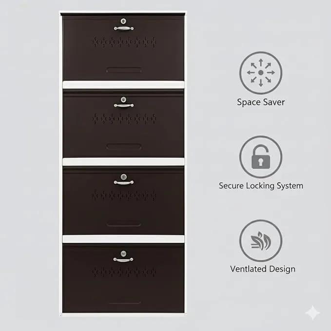Metal shoe rack 28 pairs capacity | H-69'' W-29'' D-9.5'' |Wall mounted powder coated 4 Door 8 shelves Double decker (White & Brown)