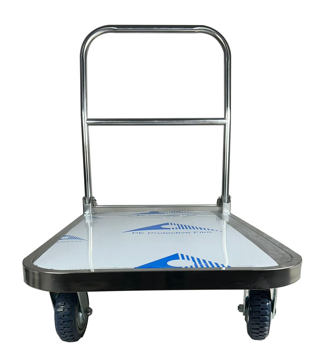 Welbuilt 500 Kg Capacity Two Brake Wheel Foldable Portable Stainless Steel Platform Trolley Push Cart with All 360 Degree Swivel Wheels-Trollays-Welbuilt Products-Aman Overseas