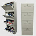 Metal Shoe Rack 28 Pairs Capacity | H-69'' W-29'' D-9.5'' |Wall Mounted Powder Coated 4 Door 8 Shelves Double Decker (Full White)