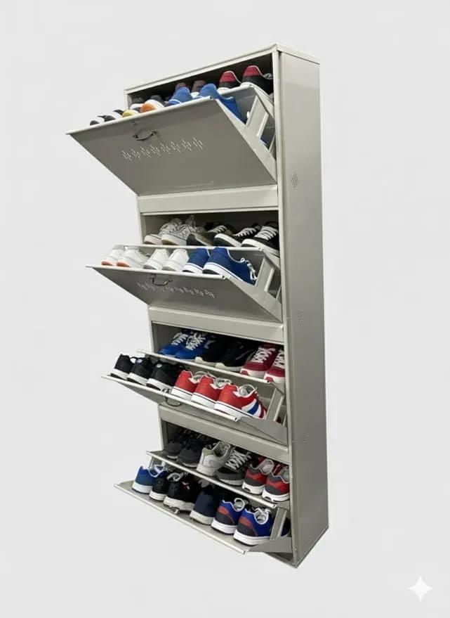 Metal Shoe Rack 28 Pairs Capacity | H-69'' W-29'' D-9.5'' |Wall Mounted Powder Coated 4 Door 8 Shelves Double Decker (Full White)