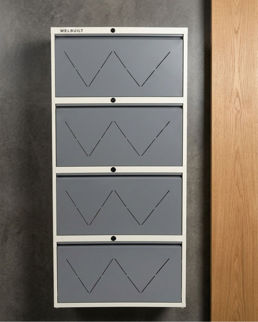 Welbuilt 4-Drawer Metal Shoe Storage Cabinet – Flip-Down Tilt Shoe Rack with Locking Doors, Space-Saving Entryway Organizer (18-24 Pairs) | White Grey