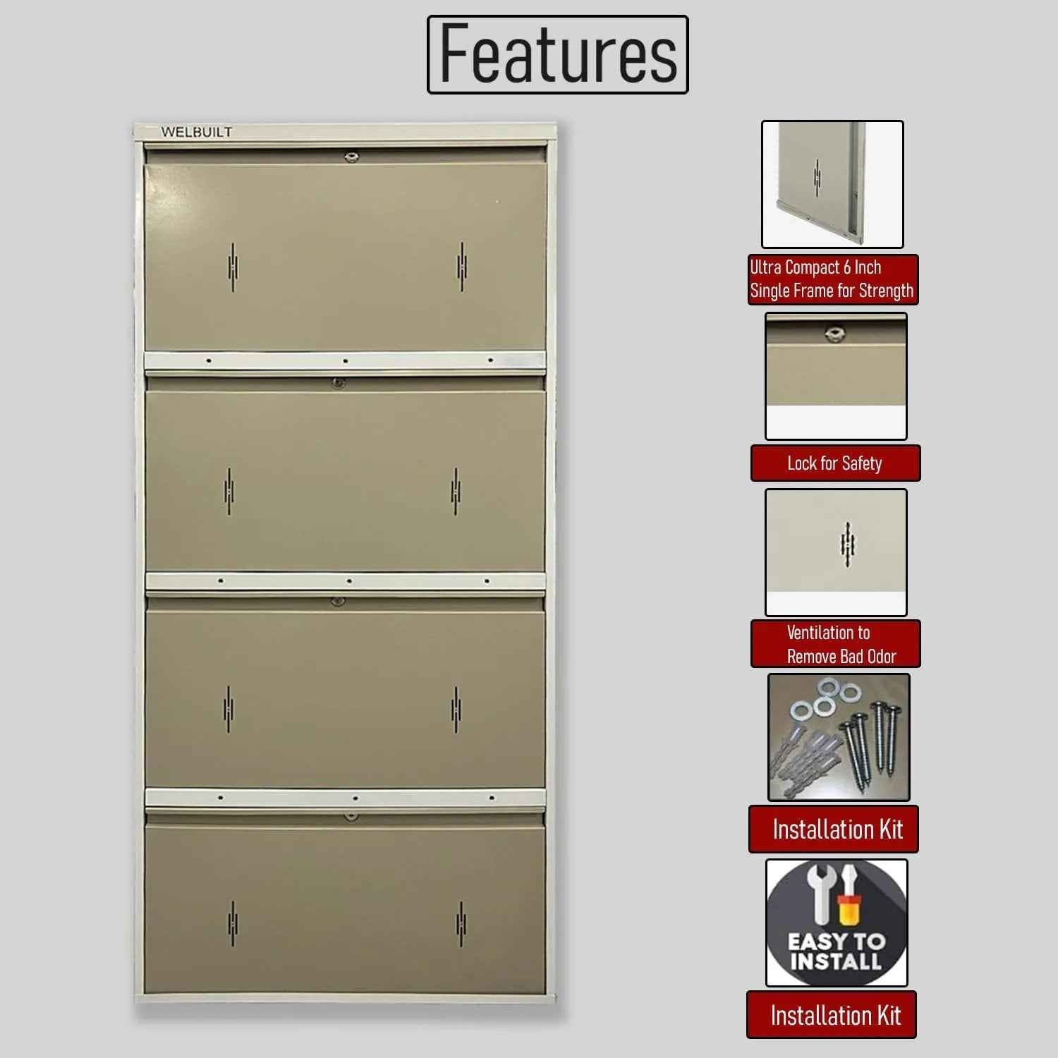 29" Wall Mounted Double Decker Metal Shoe Rack 4 Door | 24 Pairs Footwear | Shoe Chappal Stand Organizer with Lock