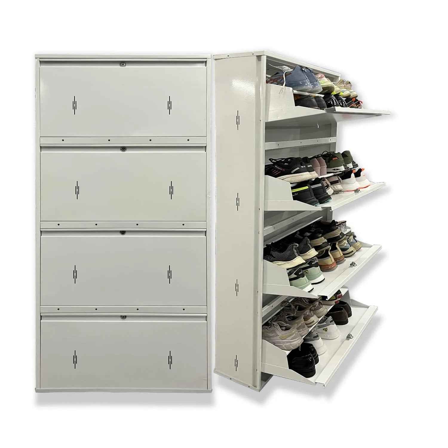 29" Wall Mounted Shoe Rack - Double Decker Metal Organizer for 24 Pairs with 4 Doors and Lock - White