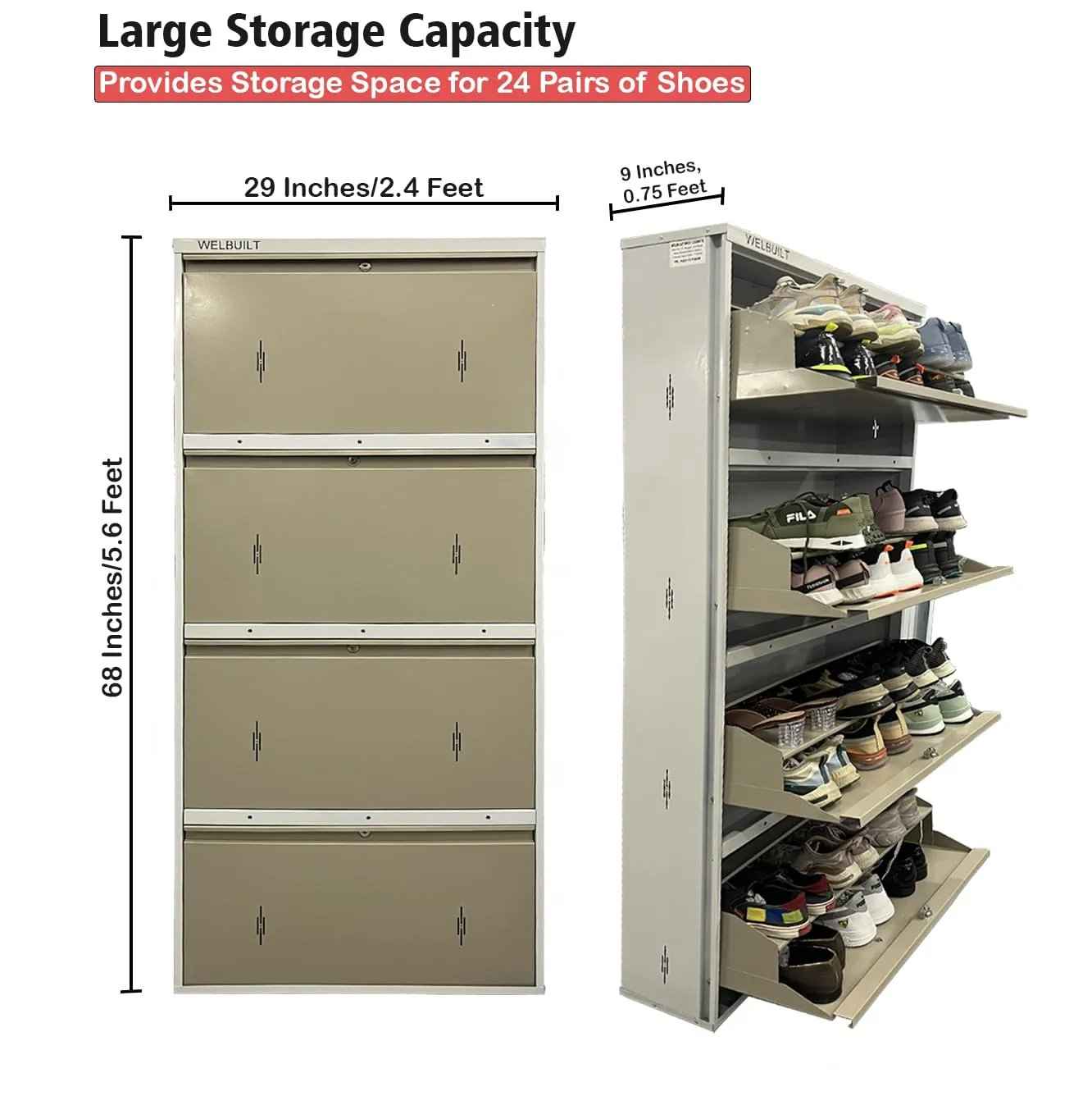 29" Wall Mounted Double Decker Metal Shoe Rack 4 Door | 24 Pairs Footwear | Shoe Chappal Stand Organizer with Lock