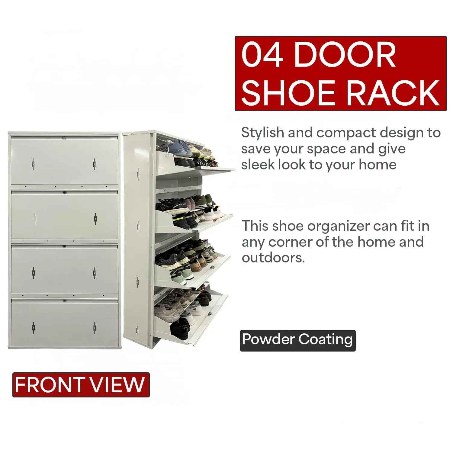 29" Wall Mounted Shoe Rack - Double Decker Metal Organizer for 24 Pairs with 4 Doors and Lock - White