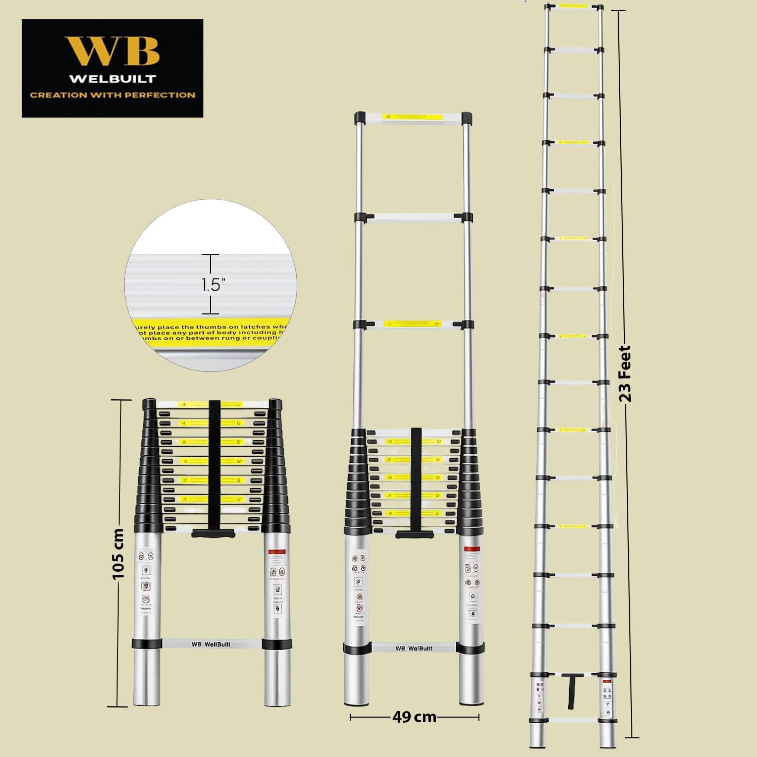 Welbuilt 23 Feet (7 Meter) 18 Step Portable & Compact Telescopic Ladder | 2-Year Warranty | EN131 Certified Foldable Multipurpose Step Ladder for Home & Outdoor use (23 Feet Aluminium)-Building Supplies-Welbuilt Products-Aman Overseas