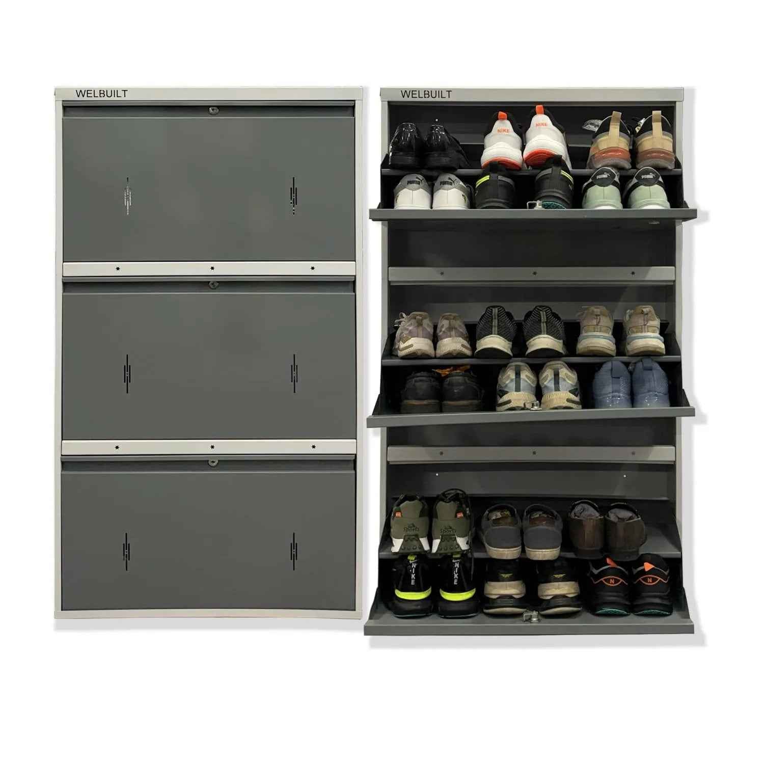 29" Wall Mounted Shoe Rack - Double Decker Metal Organizer for 24 Pairs Footwear with Lock - White Grey