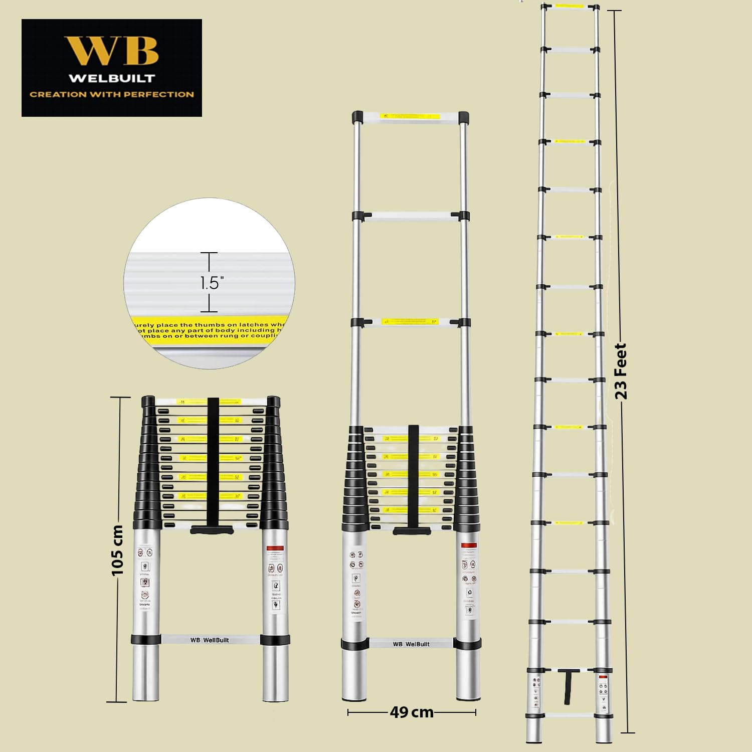 Welbuilt 7Meter (23 Feet) Telescopic Ladder with Support Bar | EN131 Certified Foldable Multipurpose 16 Step Ladder for Home & Outdoor use-Building Supplies-Welbuilt Products-Aman Overseas