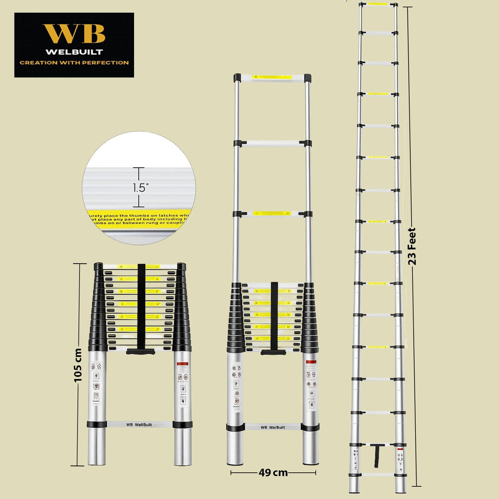 Welbuilt 23Feet (7Meter) Telescopic Ladder 16 Step | 2-Year Warranty | EN131 Certified Foldable Multipurpose Ladder for Home & Outdoor use-Building Supplies-Welbuilt Products-Aman Overseas