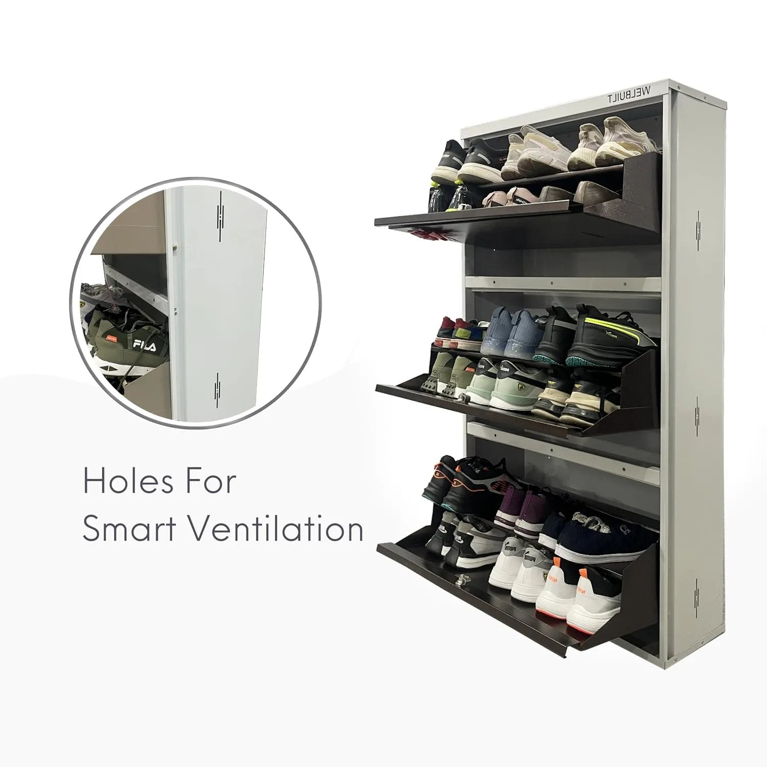Metal Shoe Rack 21 Pairs Capacity | H-52'' W-29'' D-9'' |Wall Mounted Powder Coated 3 Door 6 Shelves Double Decker (White/Brown)