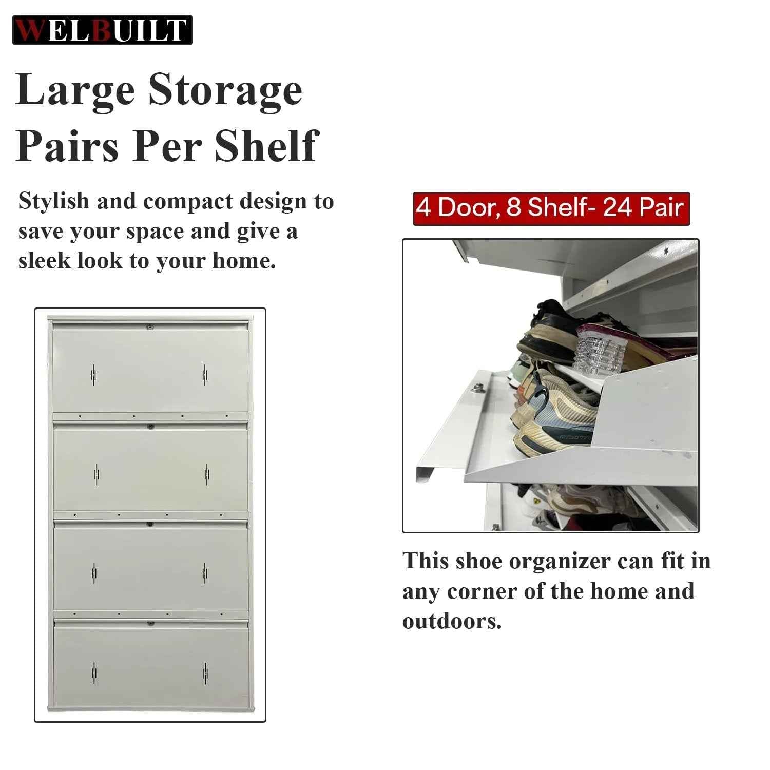 29" Wall Mounted Shoe Rack - Double Decker Metal Organizer for 24 Pairs with 4 Doors and Lock - White