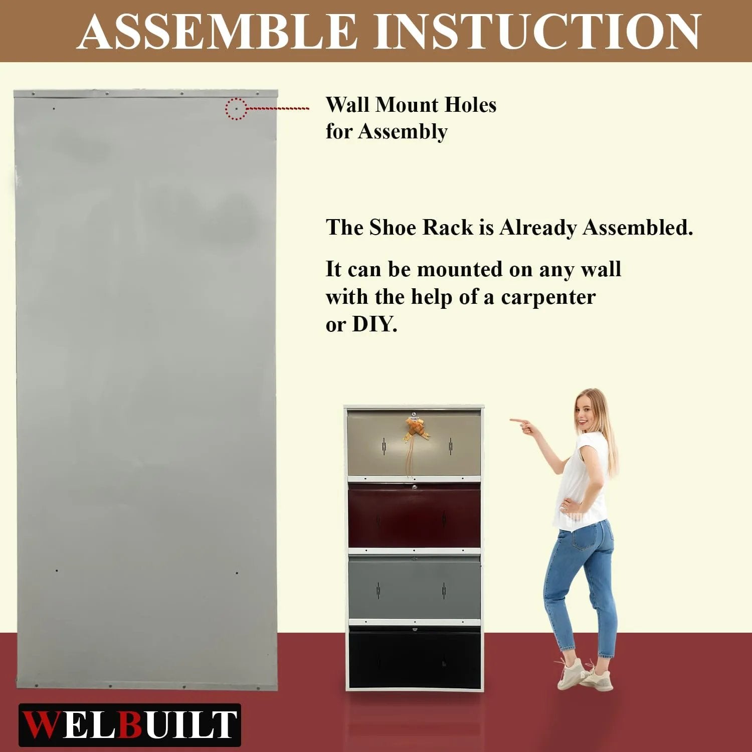 Metal Shoe Rack 24 Pairs Capacity | H-62'' W-26'' D-9.5'' |Wall Mounted Powder Coated 4 Door 8 Shelves Double Decker (Multicolor)