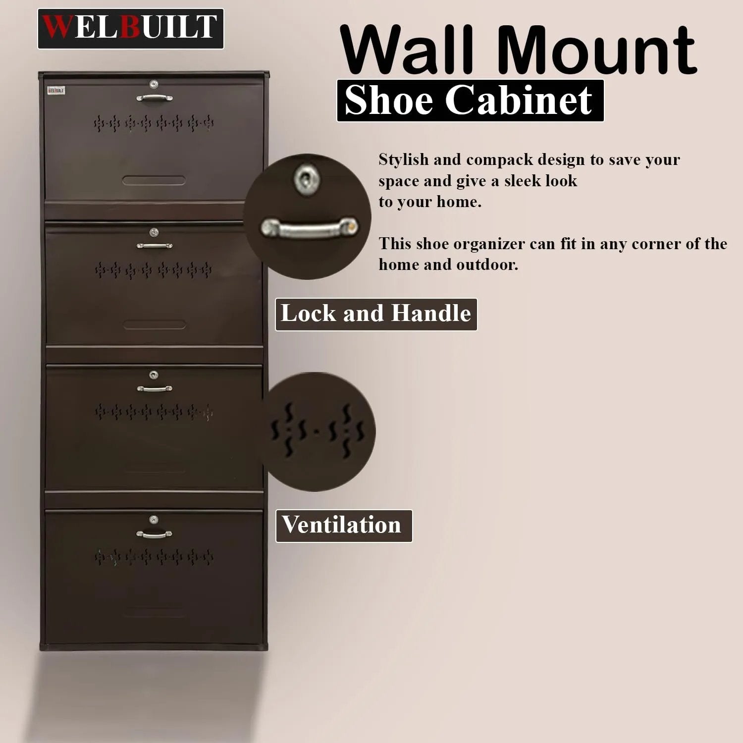 Metal shoe rack 28 pairs capacity | H-69'' W-29'' D-9.5'' |Wall mounted powder coated 4 Door 8 shelves Double decker (Full Brown)
