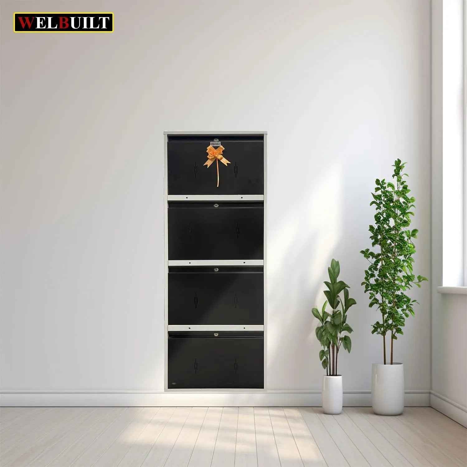 20" Wall Mounted Double Decker Metal Shoe Rack | 4 Door, 8 Shelf | 16 Pairs Footwear | Powder Coating | Front and Side Ventilation | Shoe Chappal Stand Organizer with Lock - White and Brown