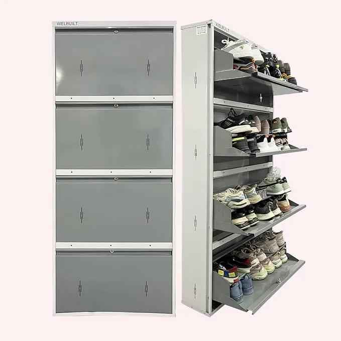 29" Wall Mounted Shoe Rack - Double Decker Metal Organizer for 24 Pairs with Lock - White and Grey