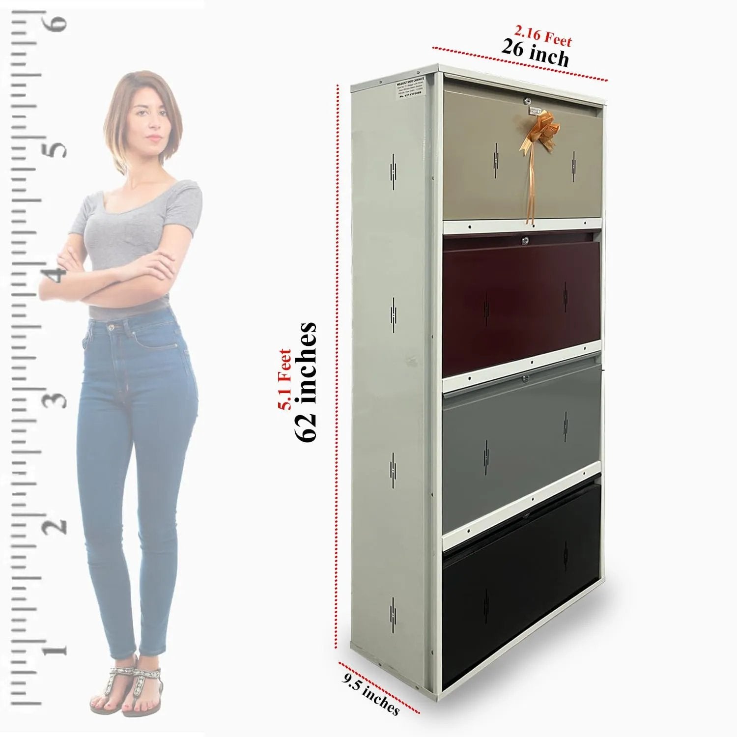Metal Shoe Rack 24 Pairs Capacity | H-62'' W-26'' D-9.5'' |Wall Mounted Powder Coated 4 Door 8 Shelves Double Decker (Multicolor)