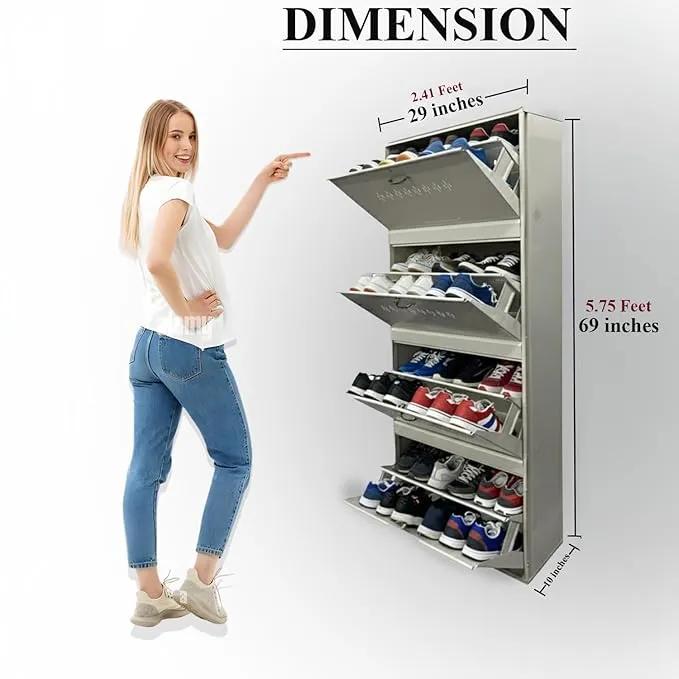Metal Shoe Rack 28 Pairs Capacity | H-69'' W-29'' D-9.5'' |Wall Mounted Powder Coated 4 Door 8 Shelves Double Decker (Full White)