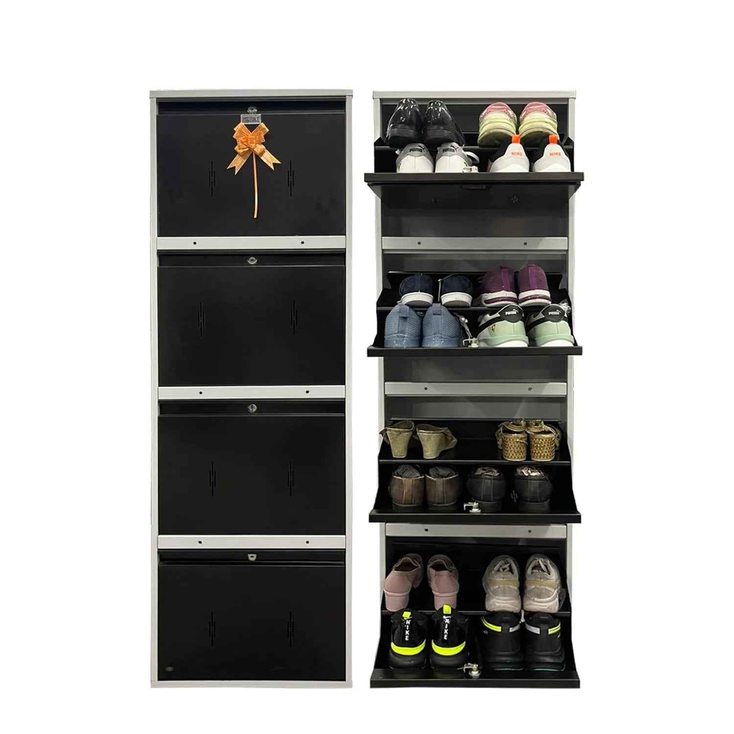 20" Wall Mounted Double Decker Metal Shoe Rack | 4 Door, 8 Shelf | 16 Pairs Footwear | Powder Coating | Front and Side Ventilation | Shoe Chappal Stand Organizer with Lock - White and Brown