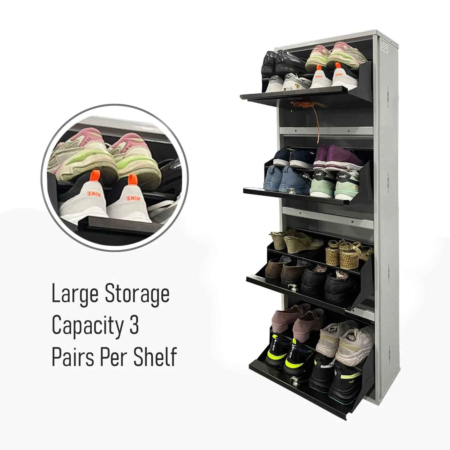 20" Wall Mounted Double Decker Metal Shoe Rack | 4 Door, 8 Shelf | 16 Pairs Footwear | Powder Coating | Front and Side Ventilation | Shoe Chappal Stand Organizer with Lock - White and Brown