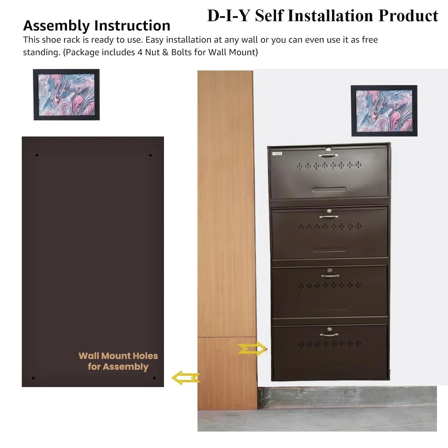 Metal shoe rack 28 pairs capacity | H-69'' W-29'' D-9.5'' |Wall mounted powder coated 4 Door 8 shelves Double decker (Full Brown)