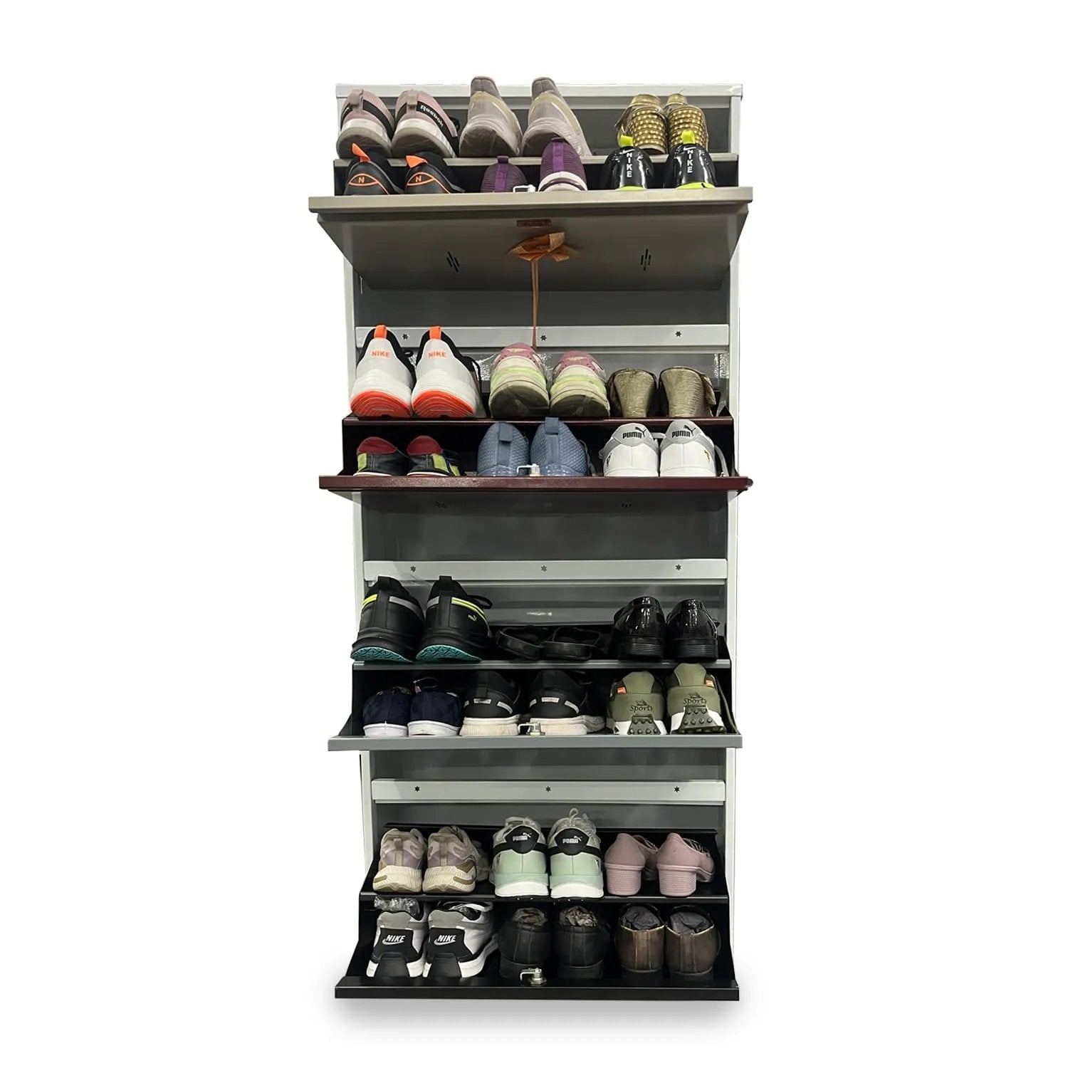 Metal Shoe Rack 24 Pairs Capacity | H-62'' W-26'' D-9.5'' |Wall Mounted Powder Coated 4 Door 8 Shelves Double Decker (Multicolor)