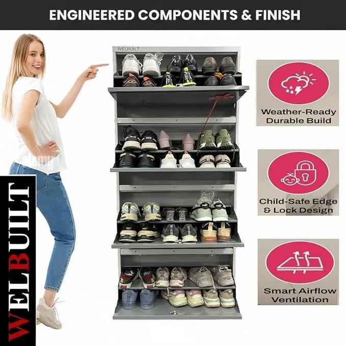 29" Wall Mounted Shoe Rack - Double Decker Metal Organizer for 24 Pairs with Lock - White and Grey