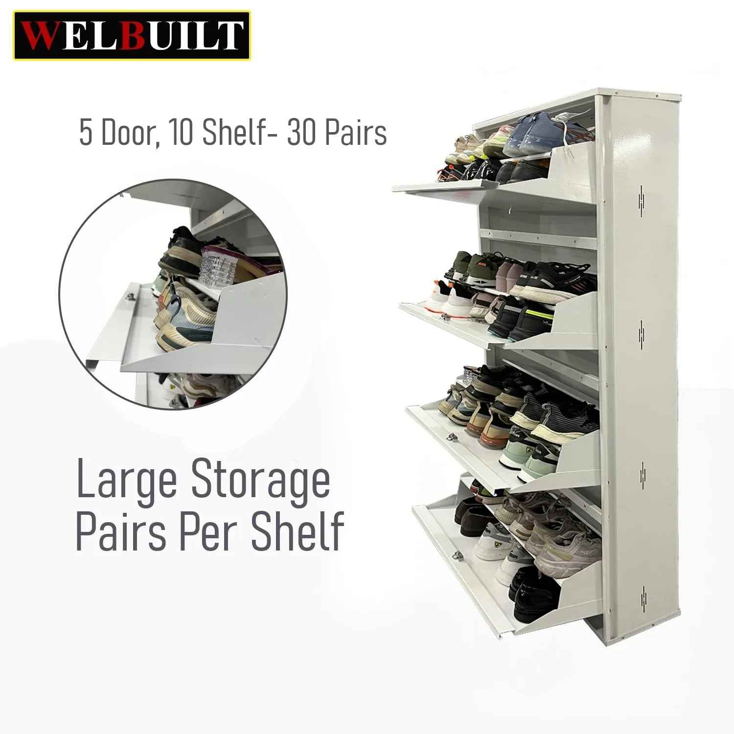 29" Wall Mounted Shoe Rack - Double Decker Metal Organizer for 24 Pairs with 4 Doors and Lock - White