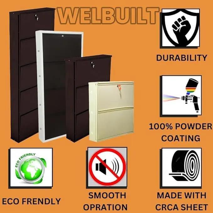 Metal shoe rack 28 pairs capacity | H-69'' W-29'' D-9.5'' |Wall mounted powder coated 4 Door 8 shelves Double decker (White & Brown)