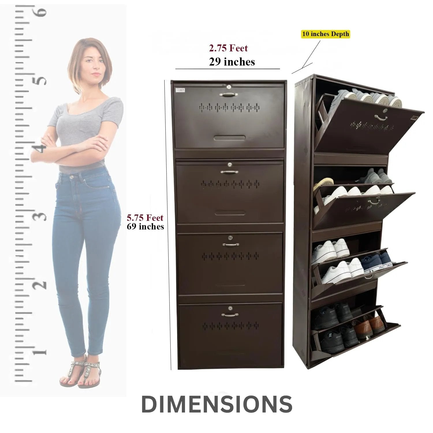 Metal shoe rack 28 pairs capacity | H-69'' W-29'' D-9.5'' |Wall mounted powder coated 4 Door 8 shelves Double decker (Full Brown)