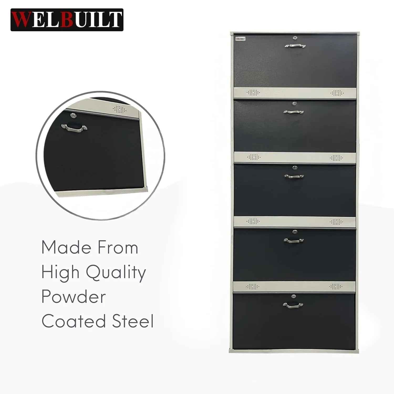 26" Wall Mounted Shoe Rack - Double Decker Metal Organizer with 5 Doors for 30 Pairs Footwear - Shoe Chappal Stand with Lock in White Grey