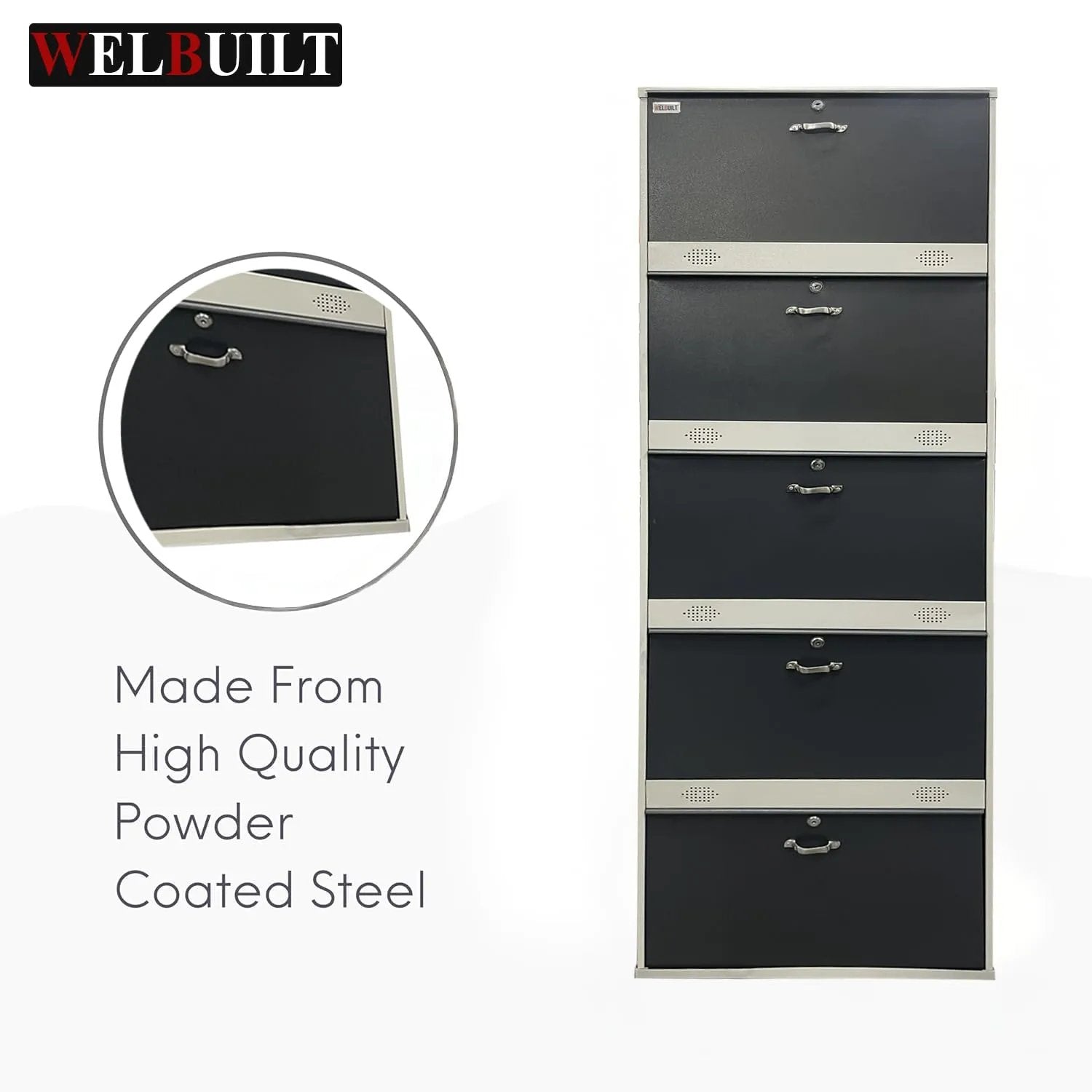 Metal Shoe Rack 30 Pairs Capacity | H-79'' W-26'' D-9.5'' |Wall Mounted Powder Coated 5 Door 10 Shelves Double Decker (White Brown)