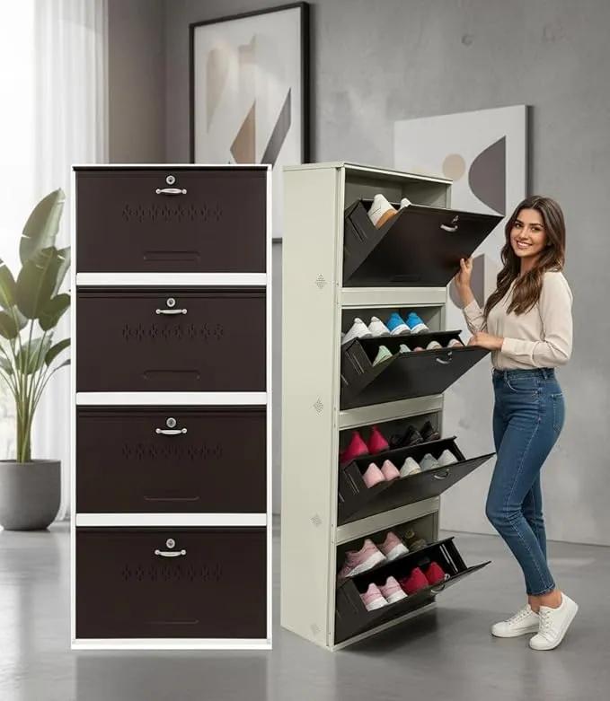Metal shoe rack 28 pairs capacity | H-69'' W-29'' D-9.5'' |Wall mounted powder coated 4 Door 8 shelves Double decker (White & Brown)