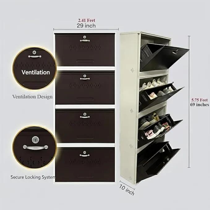 Metal shoe rack 28 pairs capacity | H-69'' W-29'' D-9.5'' |Wall mounted powder coated 4 Door 8 shelves Double decker (White & Brown)