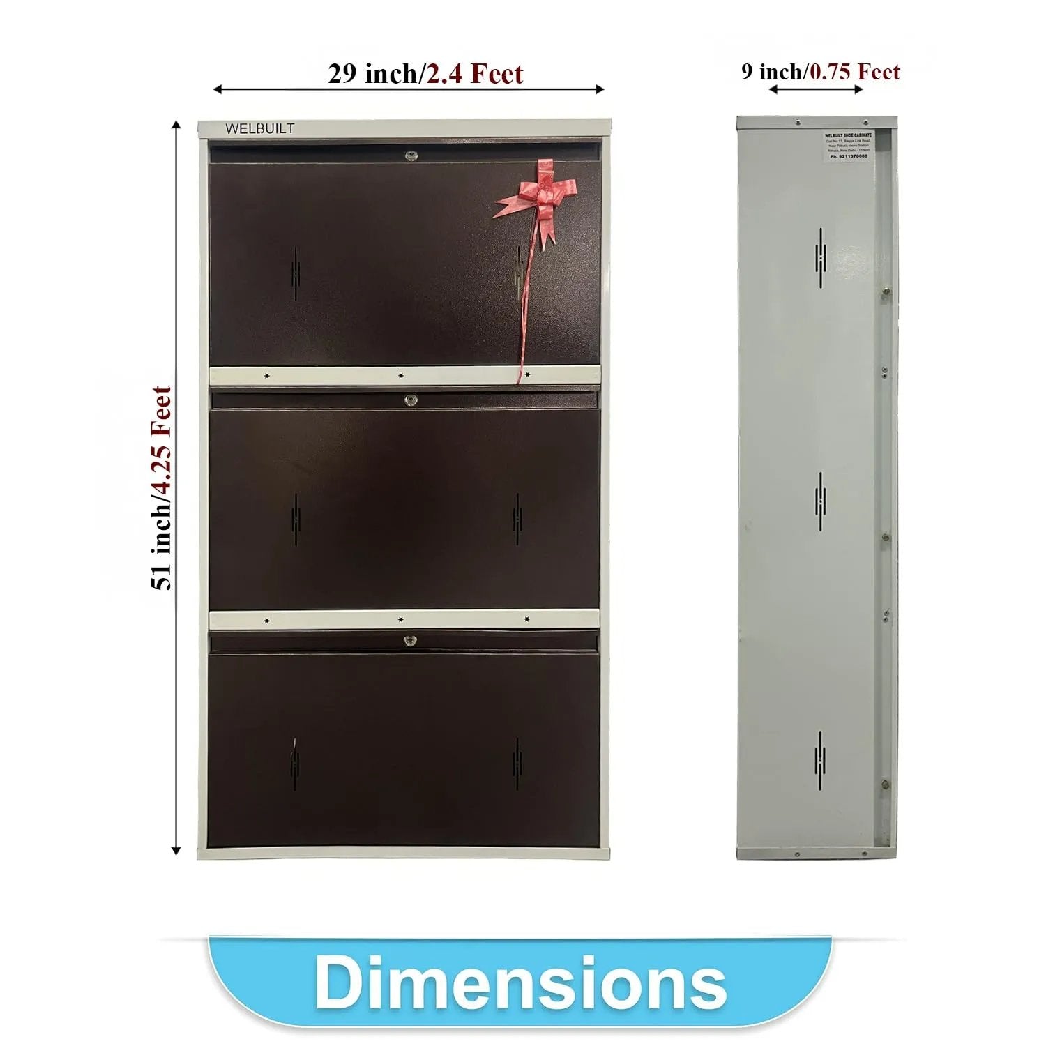 Metal Shoe Rack 21 Pairs Capacity | H-52'' W-29'' D-9'' |Wall Mounted Powder Coated 3 Door 6 Shelves Double Decker (White/Brown)