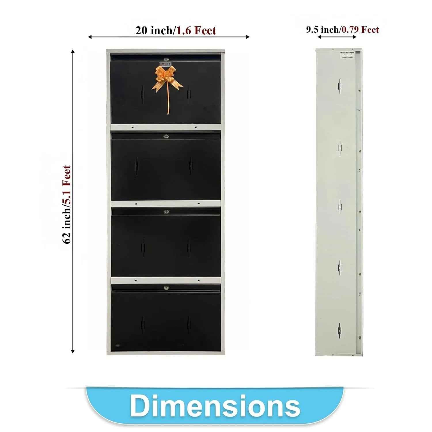 20" Wall Mounted Double Decker Metal Shoe Rack | 4 Door, 8 Shelf | 16 Pairs Footwear | Powder Coating | Front and Side Ventilation | Shoe Chappal Stand Organizer with Lock - White and Brown