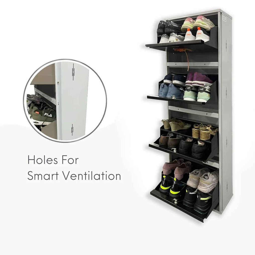 20" Wall Mounted Double Decker Metal Shoe Rack | 4 Door, 8 Shelf | 16 Pairs Footwear | Powder Coating | Front and Side Ventilation | Shoe Chappal Stand Organizer with Lock - White and Brown