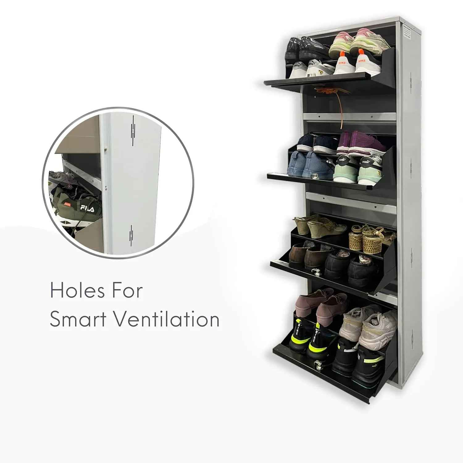 20" Wall Mounted Double Decker Metal Shoe Rack | 4 Door, 8 Shelf | 16 Pairs Footwear | Powder Coating | Front and Side Ventilation | Shoe Chappal Stand Organizer with Lock - White and Brown