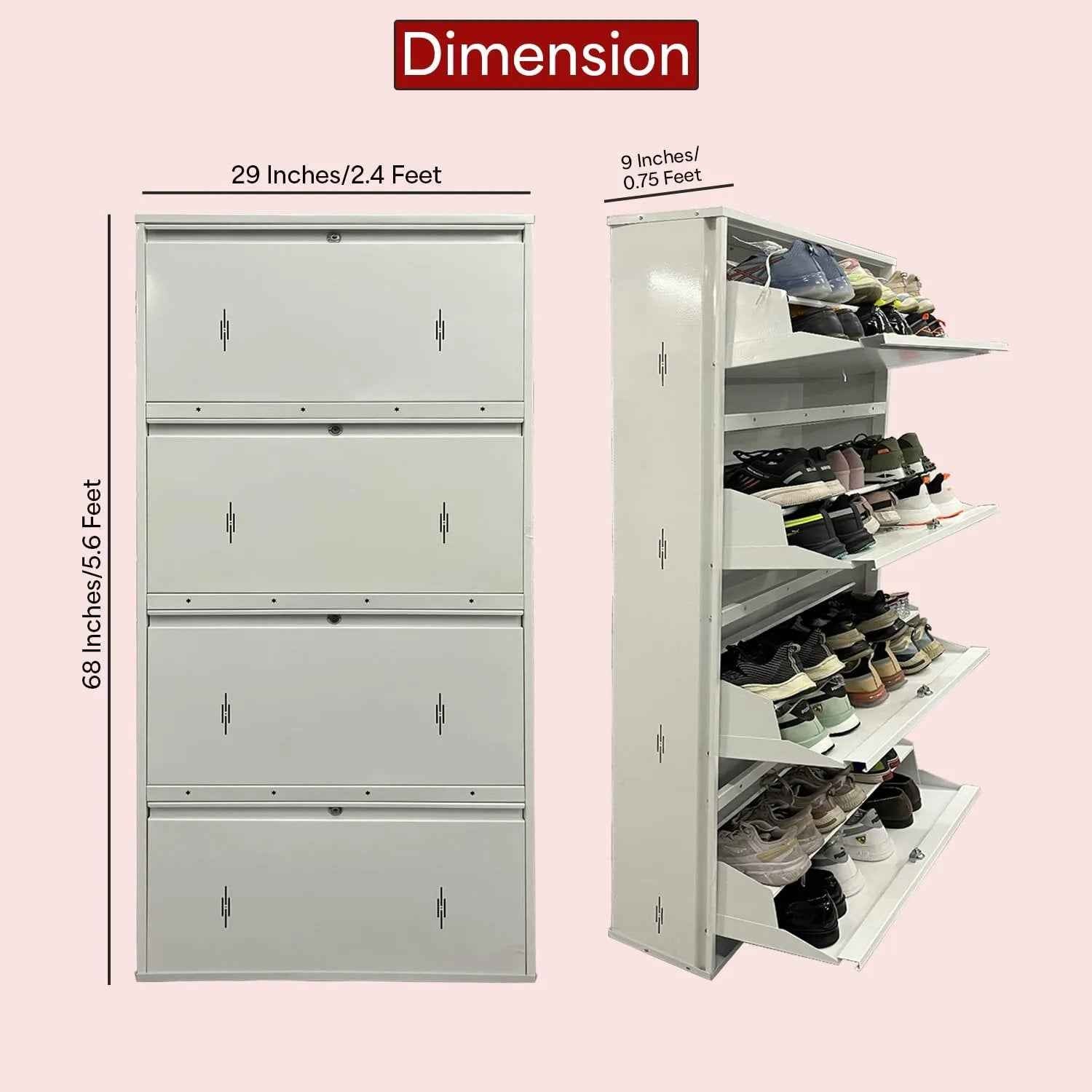 29" Wall Mounted Shoe Rack - Double Decker Metal Organizer for 24 Pairs with 4 Doors and Lock - White