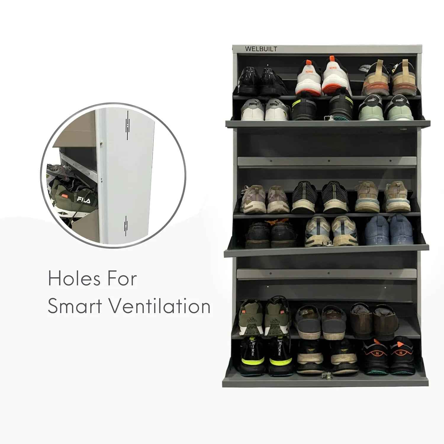 29" Wall Mounted Shoe Rack - Double Decker Metal Organizer for 24 Pairs Footwear with Lock - White Grey