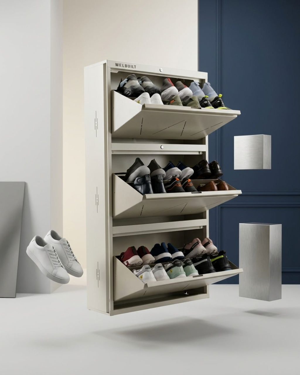 Welbuilt | 3-Door | 18 Pairs | Wall Mounted Metal Shoe Rack | Beige
