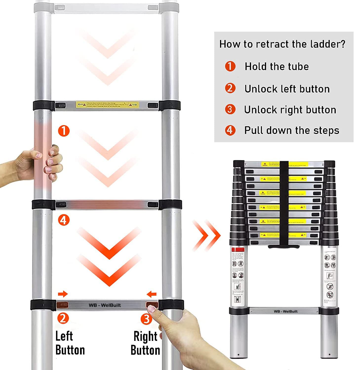 Welbuilt 23Feet (7Meter) Telescopic Ladder 16 Step | 2-Year Warranty | EN131 Certified Foldable Multipurpose Ladder for Home & Outdoor use-Building Supplies-Welbuilt Products-Aman Overseas