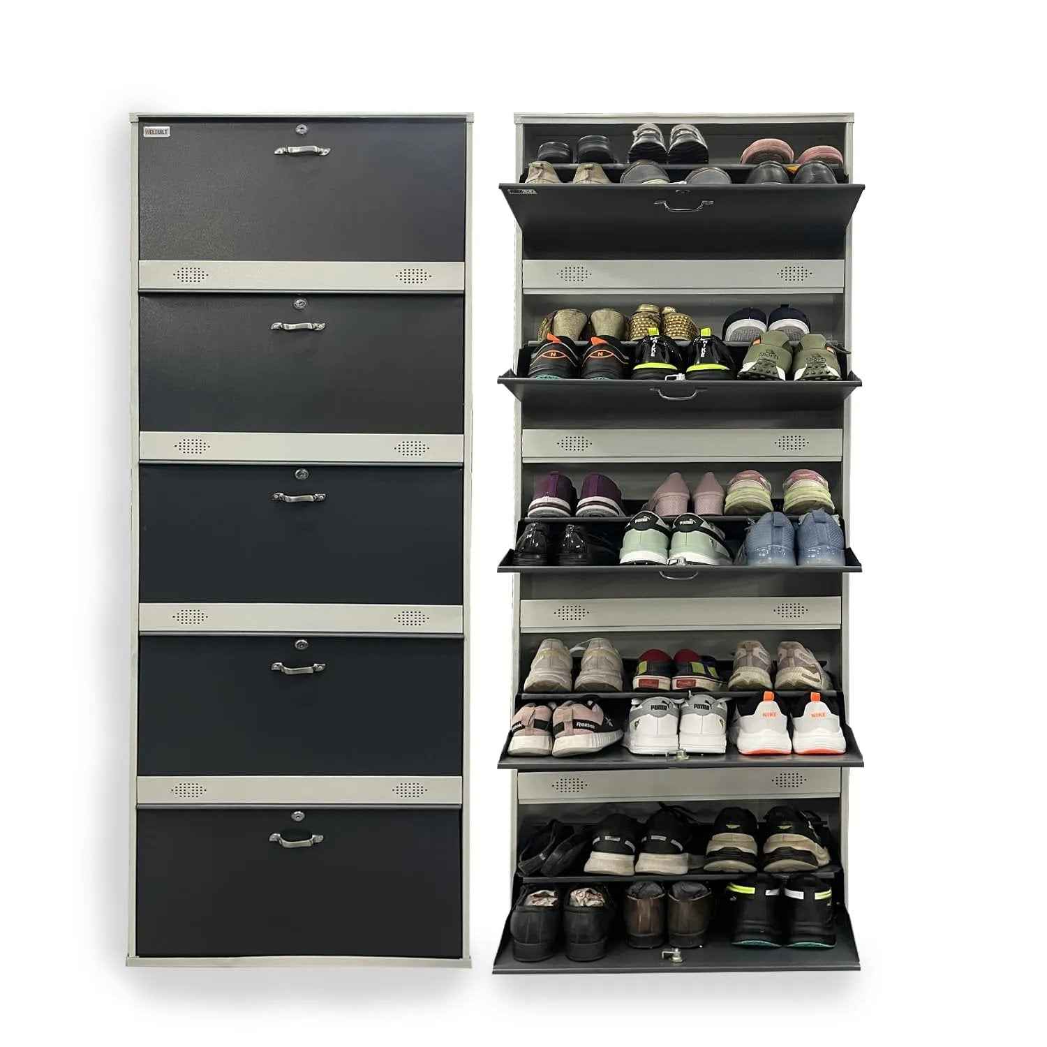 26" Wall Mounted Shoe Rack - Double Decker Metal Organizer with 5 Doors for 30 Pairs Footwear - Shoe Chappal Stand with Lock in White Grey