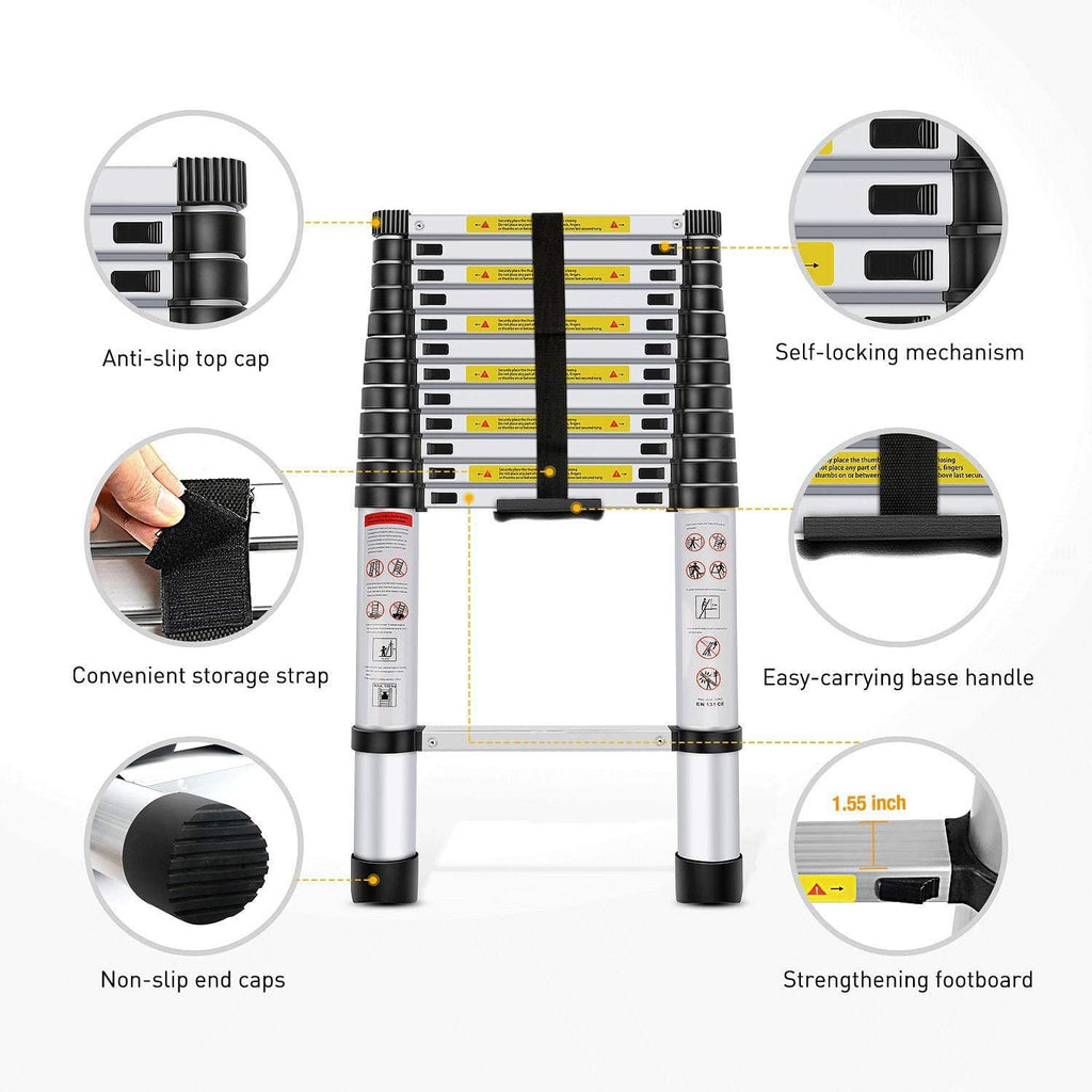 Welbuilt 4.4m (14.5 ft) Portable & Compact Stainless Steel Telescopic Ladder | 2-Year Warranty |EN131 Certified 14-Steps Foldable Multipurpose Step Ladder for Home & Outdoor use-Building Supplies-Welbuilt Products-Aman Overseas
