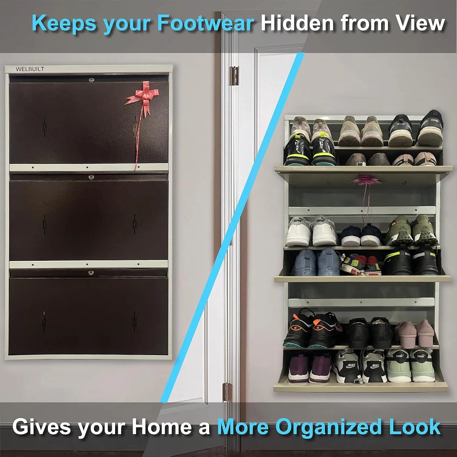 Metal Shoe Rack 21 Pairs Capacity | H-52'' W-29'' D-9'' |Wall Mounted Powder Coated 3 Door 6 Shelves Double Decker (White/Brown)