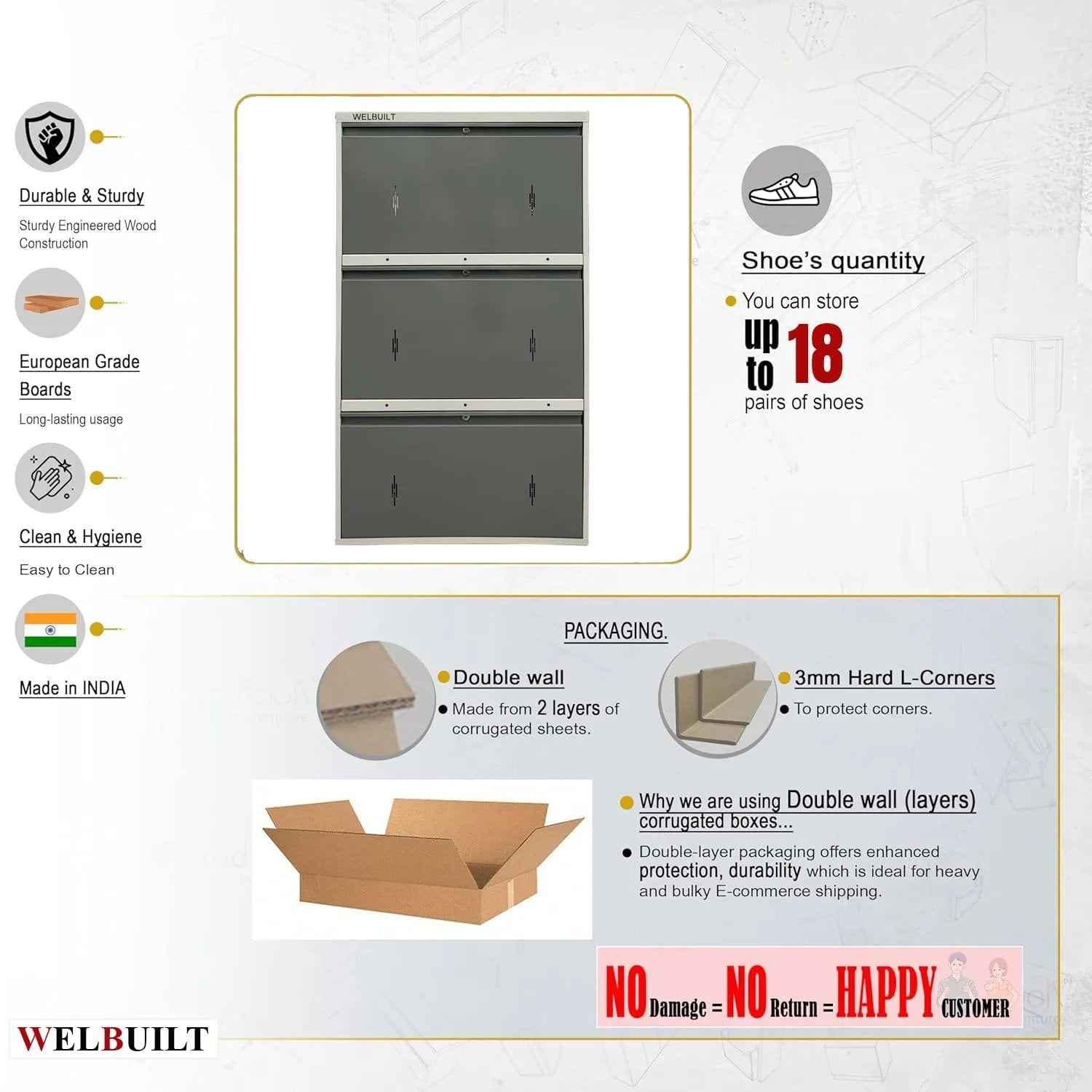29" Wall Mounted Shoe Rack - Double Decker Metal Organizer for 24 Pairs Footwear with Lock - White Grey