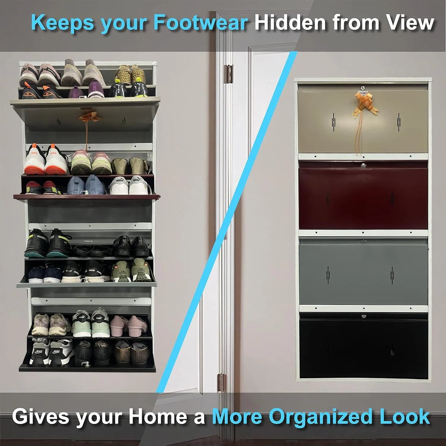 Metal Shoe Rack 24 Pairs Capacity | H-62'' W-26'' D-9.5'' |Wall Mounted Powder Coated 4 Door 8 Shelves Double Decker (Multicolor)