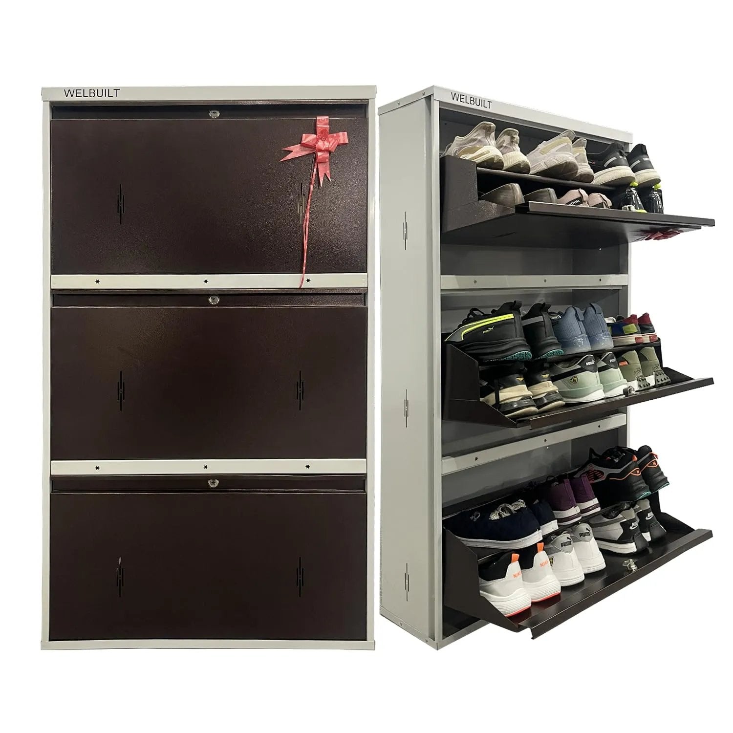 Metal Shoe Rack 21 Pairs Capacity | H-52'' W-29'' D-9'' |Wall Mounted Powder Coated 3 Door 6 Shelves Double Decker (White/Brown)